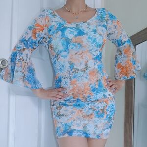 Jacaranda Small Mini Bodycon Dress‎ Blue Orange Flare 3/4 Sleeve Floral Backless